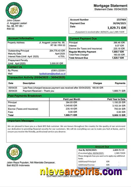 Indonesia Bank BPD Bali mortgage statement Word and PDF template